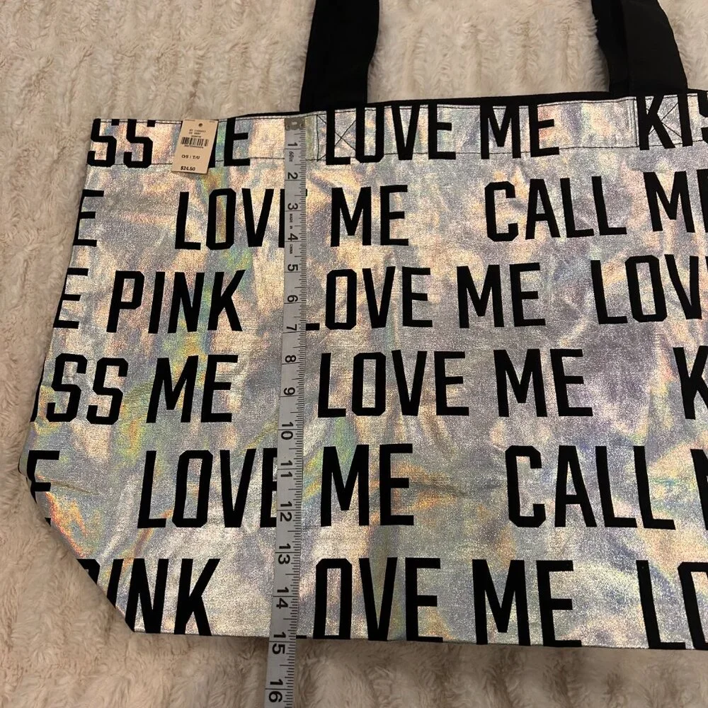 Victoria's Secret PINK  Love Me Tote Beach BooK Bag Silver and Black New - Picture 5 of 6